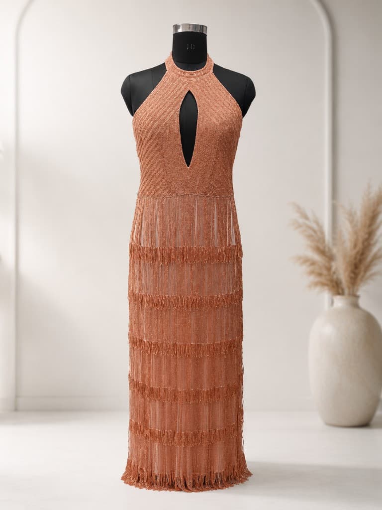 Rose Gold Halter Fringe Dress