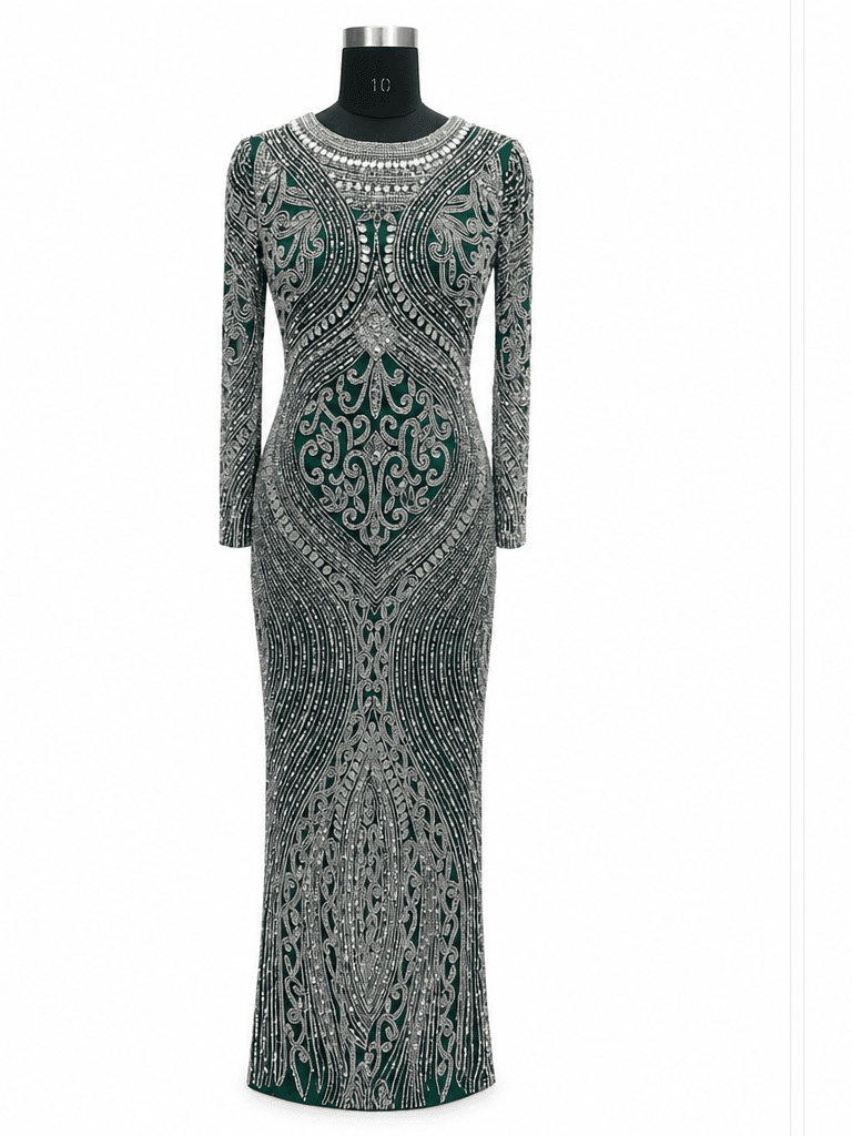 Emerald Baroque Silver Beaded Gown